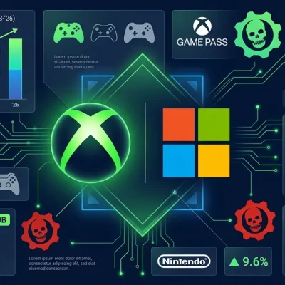 Xbox green X logo with Microsoft logo, Game Pass icon, Activision Blizzard 69 billion acquisition tag, Gears of War cog, gaming revenue growth chart, PlayStation and Nintendo competitive logos on dark navy dashboard