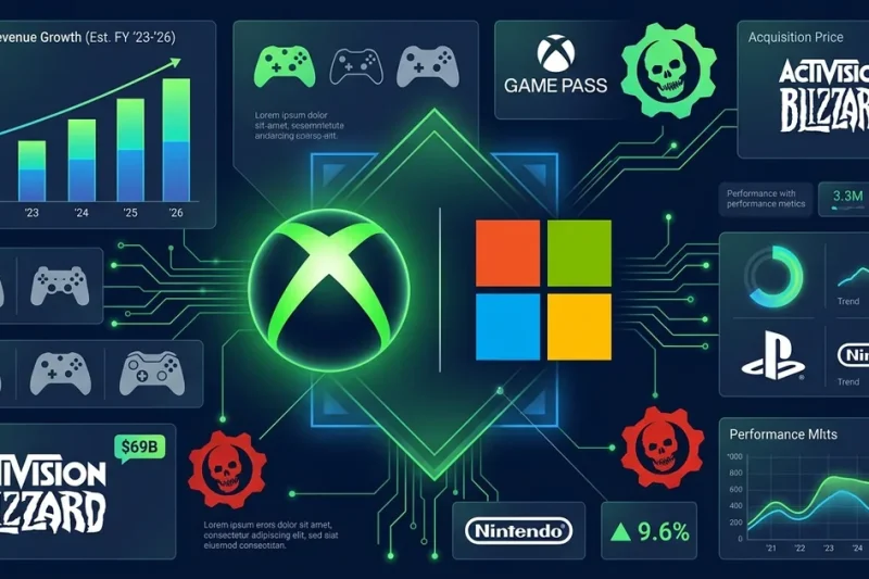 Xbox green X logo with Microsoft logo, Game Pass icon, Activision Blizzard 69 billion acquisition tag, Gears of War cog, gaming revenue growth chart, PlayStation and Nintendo competitive logos on dark navy dashboard