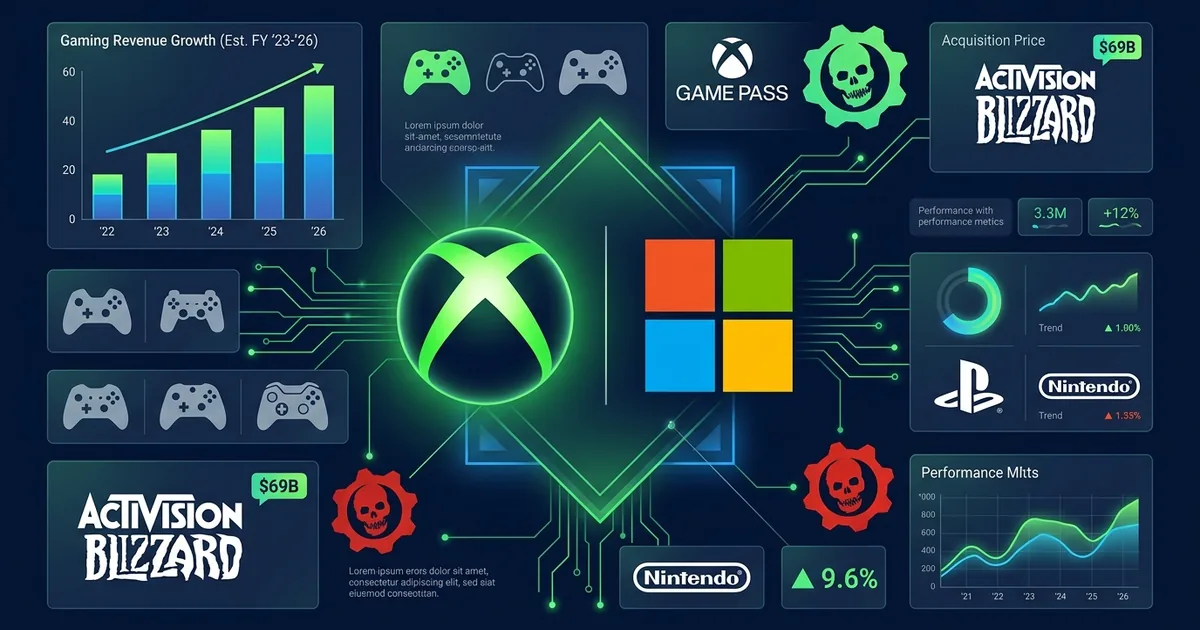 Xbox green X logo with Microsoft logo, Game Pass icon, Activision Blizzard 69 billion acquisition tag, Gears of War cog, gaming revenue growth chart, PlayStation and Nintendo competitive logos on dark navy dashboard