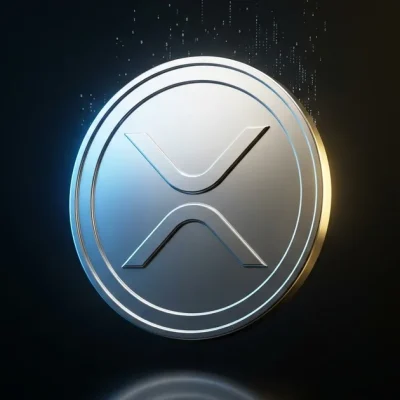 Photorealistic 3D XRP Ripple coin with blue and gold rim lighting on dark background with Ripple logo
