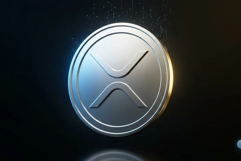 Photorealistic 3D XRP Ripple coin with blue and gold rim lighting on dark background with Ripple logo