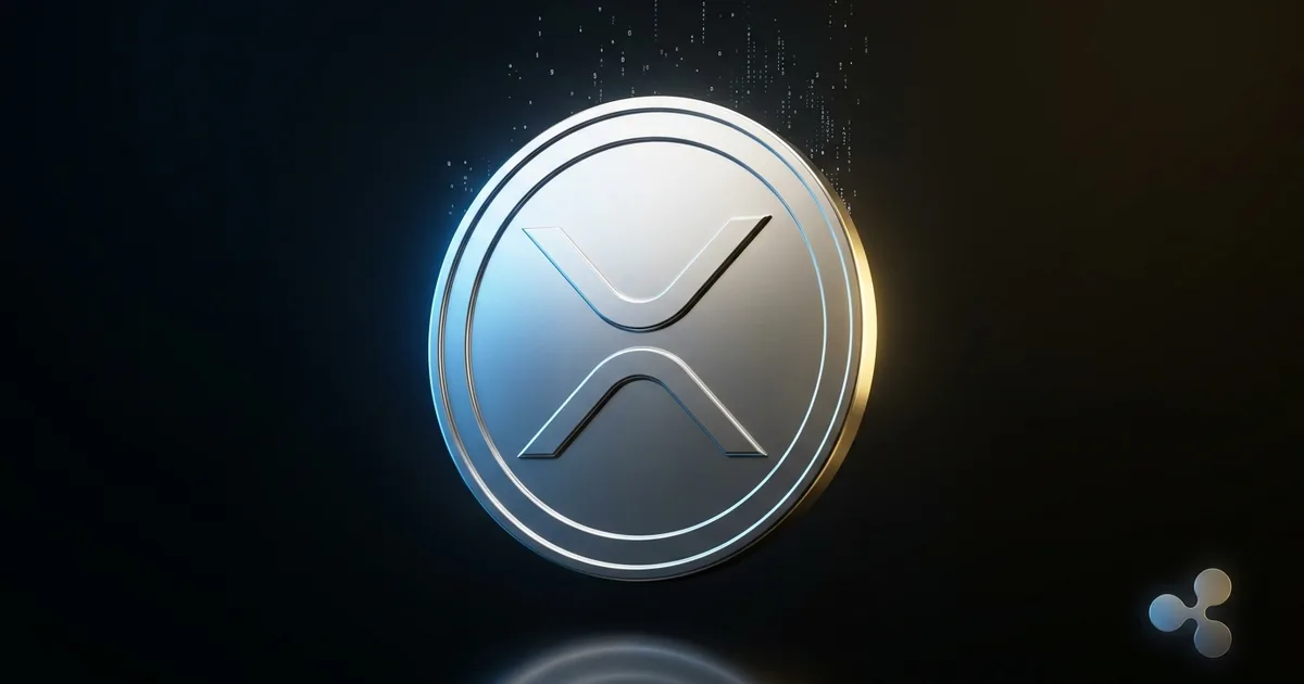Photorealistic 3D XRP Ripple coin with blue and gold rim lighting on dark background with Ripple logo