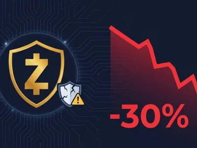 Zcash logo with red price drop indicator and cracked shield security symbol on dark navy background