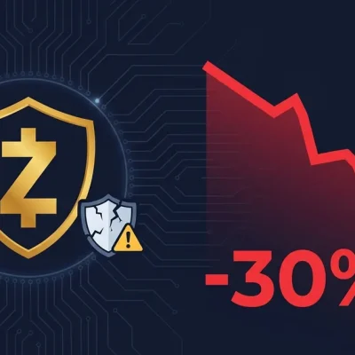 Zcash logo with red price drop indicator and cracked shield security symbol on dark navy background