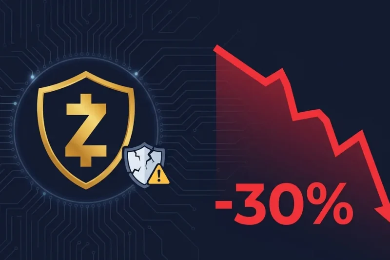 Zcash logo with red price drop indicator and cracked shield security symbol on dark navy background