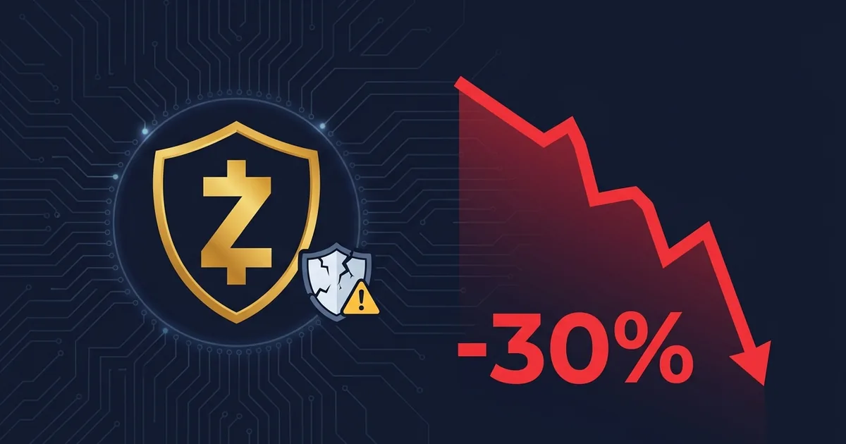 Zcash logo with red price drop indicator and cracked shield security symbol on dark navy background