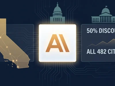 Anthropic logo with California state outline and data panel showing 50 percent discount for all 482 cities