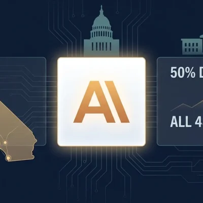 Anthropic logo with California state outline and data panel showing 50 percent discount for all 482 cities