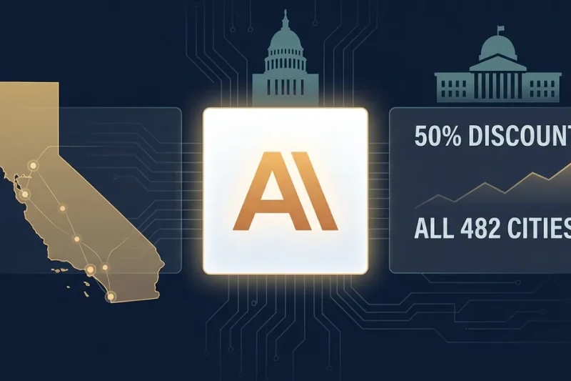 Anthropic logo with California state outline and data panel showing 50 percent discount for all 482 cities