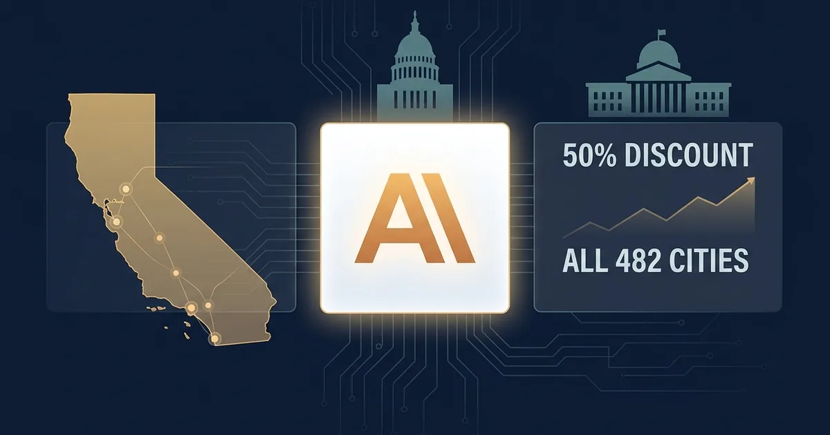 Anthropic logo with California state outline and data panel showing 50 percent discount for all 482 cities