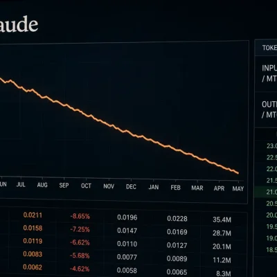 A trading terminal display with the Claude logo, a falling cost-per-task chart and a token price table listing 5 dollars input and 25 dollars output