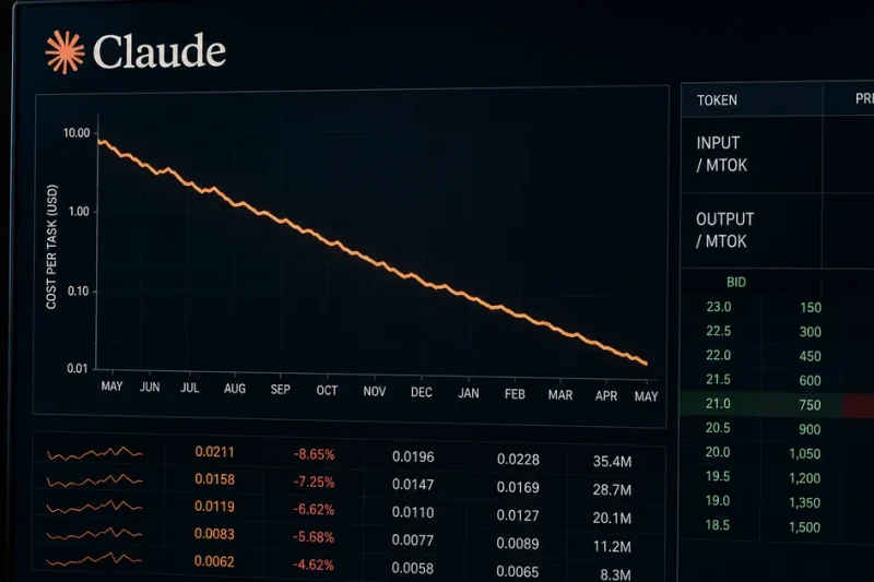 A trading terminal display with the Claude logo, a falling cost-per-task chart and a token price table listing 5 dollars input and 25 dollars output