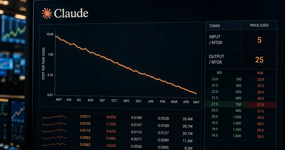 A trading terminal display with the Claude logo, a falling cost-per-task chart and a token price table listing 5 dollars input and 25 dollars output