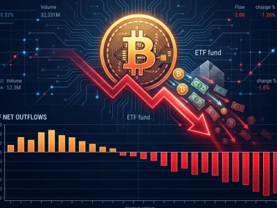Bitcoin logo with downward trending chart showing record ETF outflows