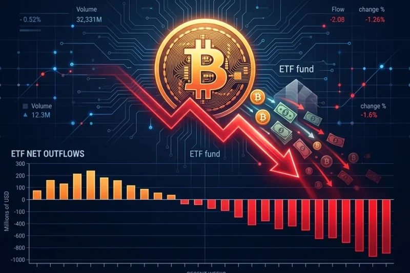 Bitcoin logo with downward trending chart showing record ETF outflows