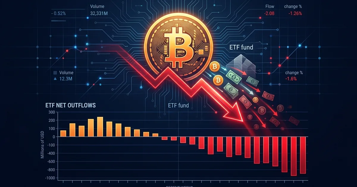 Bitcoin logo with downward trending chart showing record ETF outflows