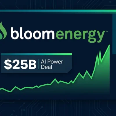 Bloom Energy and Brookfield Asset Management logos with 5B AI Power Deal label and upward-trending stock chart on dark navy circuit board background