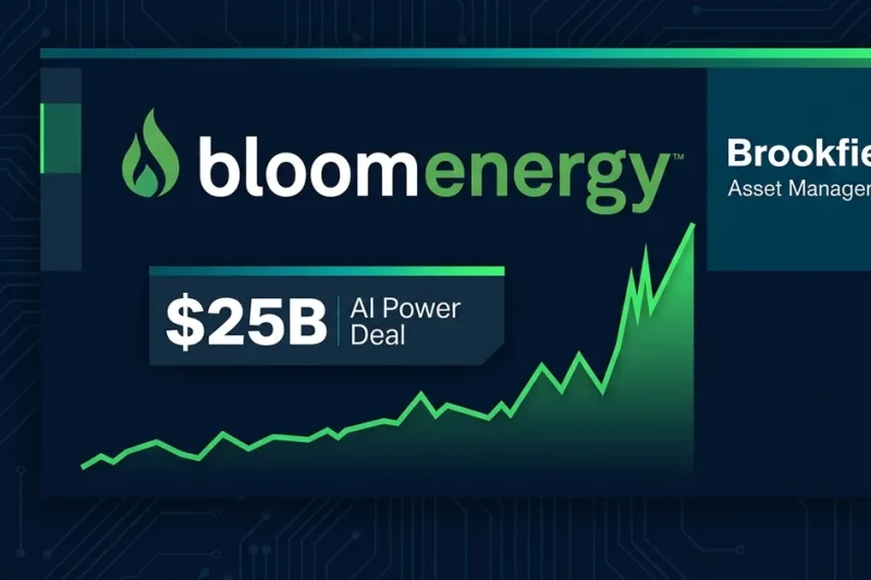 Bloom Energy and Brookfield Asset Management logos with 5B AI Power Deal label and upward-trending stock chart on dark navy circuit board background