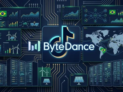 ByteDance and TikTok logos on dashboard with Brazilian flags wind turbines server racks and world map showing cable connections