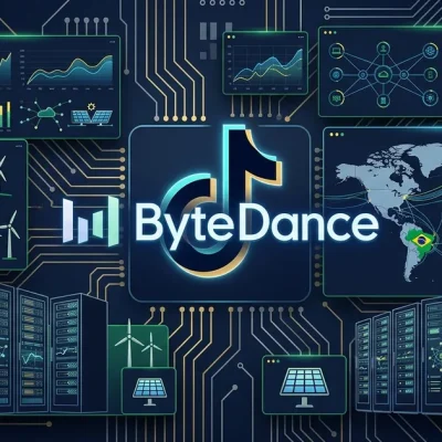ByteDance and TikTok logos on dashboard with Brazilian flags wind turbines server racks and world map showing cable connections
