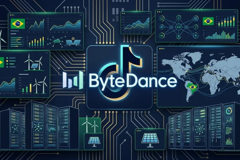 ByteDance and TikTok logos on dashboard with Brazilian flags wind turbines server racks and world map showing cable connections