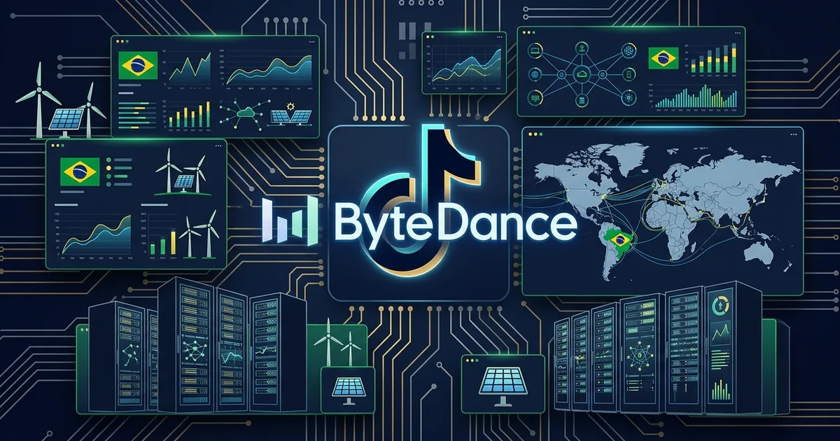 ByteDance and TikTok logos on dashboard with Brazilian flags wind turbines server racks and world map showing cable connections
