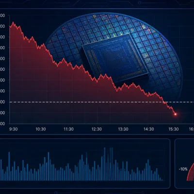 A falling semiconductor index chart in red on a dark navy background, flanked by data panels showing the SOXL, TQQQ, QQQ and SCHD ticker symbols
