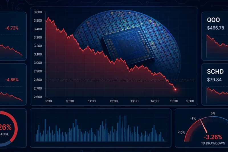 A falling semiconductor index chart in red on a dark navy background, flanked by data panels showing the SOXL, TQQQ, QQQ and SCHD ticker symbols
