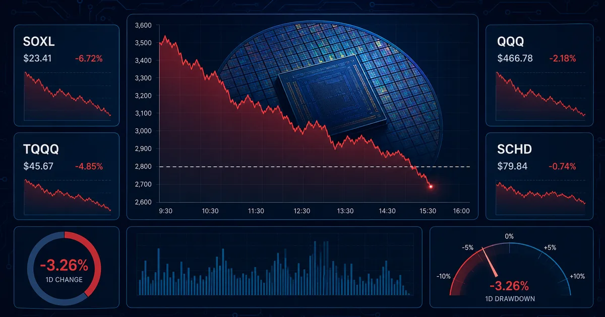A falling semiconductor index chart in red on a dark navy background, flanked by data panels showing the SOXL, TQQQ, QQQ and SCHD ticker symbols