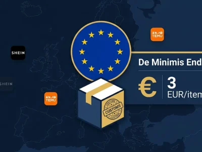 European Union flag with customs-stamped parcel and De Minimis Ended label showing 3 EUR per item fee with Shein and Temu logos on European map background