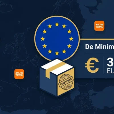 European Union flag with customs-stamped parcel and De Minimis Ended label showing 3 EUR per item fee with Shein and Temu logos on European map background