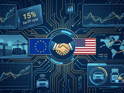 EU and US flags with handshake icon 15 percent tariff rate panel shipping containers cars pharmaceuticals and trade flow arrows