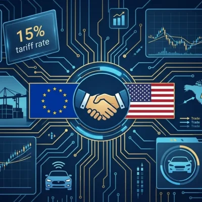 EU and US flags with handshake icon 15 percent tariff rate panel shipping containers cars pharmaceuticals and trade flow arrows
