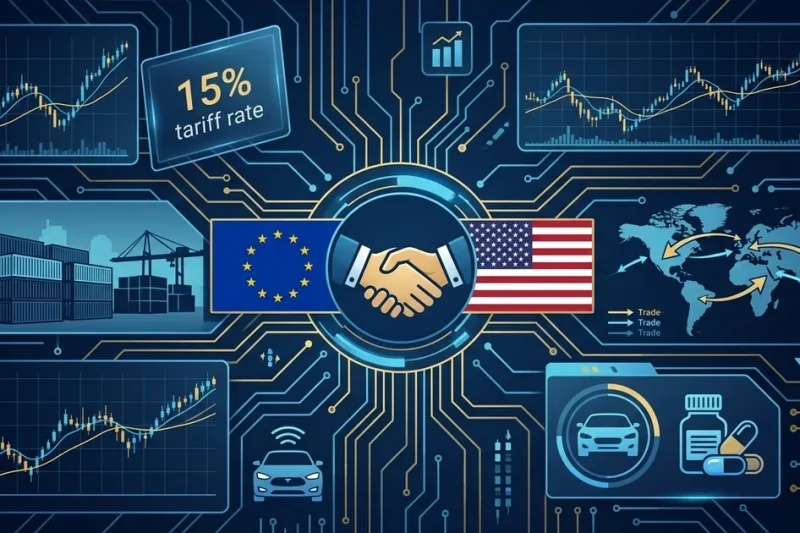 EU and US flags with handshake icon 15 percent tariff rate panel shipping containers cars pharmaceuticals and trade flow arrows