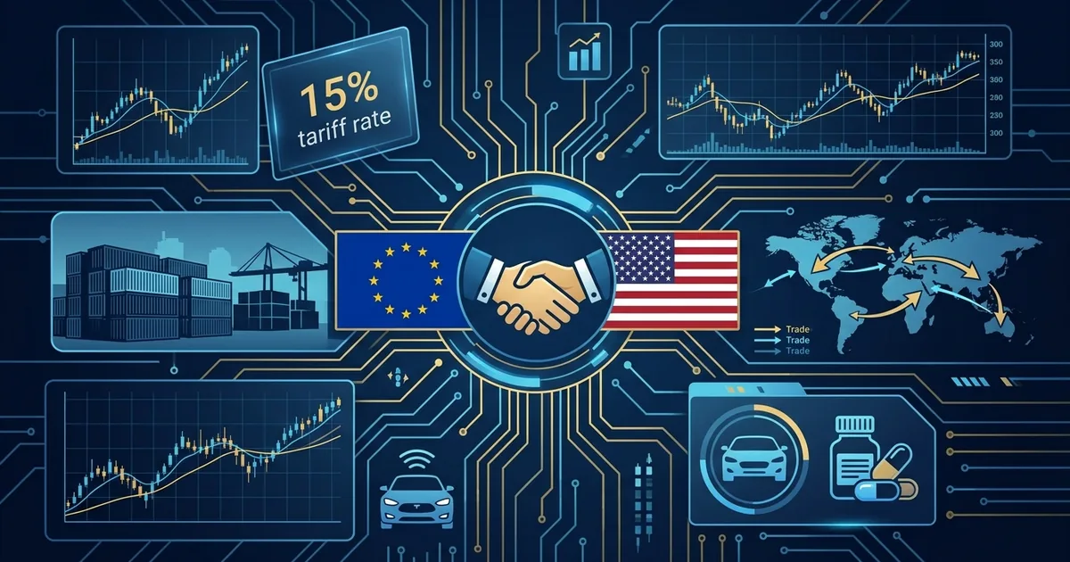 EU and US flags with handshake icon 15 percent tariff rate panel shipping containers cars pharmaceuticals and trade flow arrows
