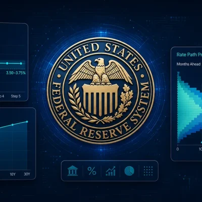 A Federal Reserve seal on a dark navy background surrounded by data panels showing a flat interest rate line and a widening probability distribution