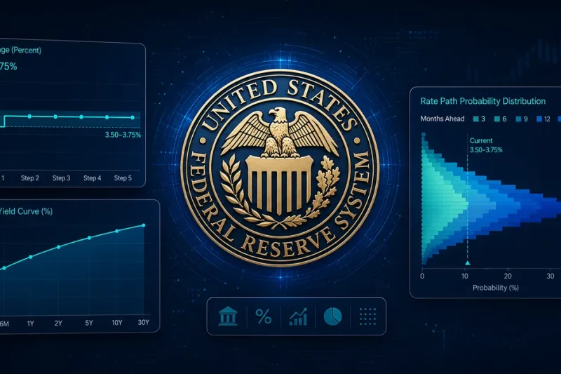 A Federal Reserve seal on a dark navy background surrounded by data panels showing a flat interest rate line and a widening probability distribution