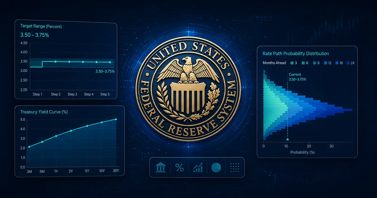 A Federal Reserve seal on a dark navy background surrounded by data panels showing a flat interest rate line and a widening probability distribution