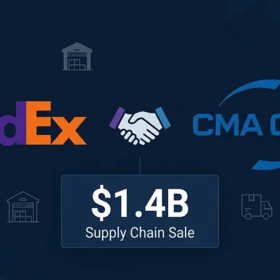 FedEx and CMA CGM logos with handshake icon and .4B Supply Chain Sale label with warehouse icons on dark navy background