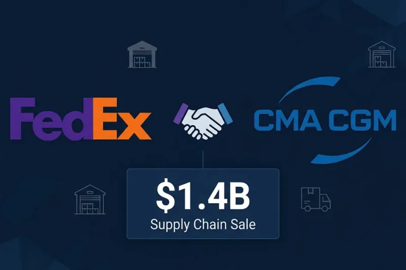 FedEx and CMA CGM logos with handshake icon and .4B Supply Chain Sale label with warehouse icons on dark navy background