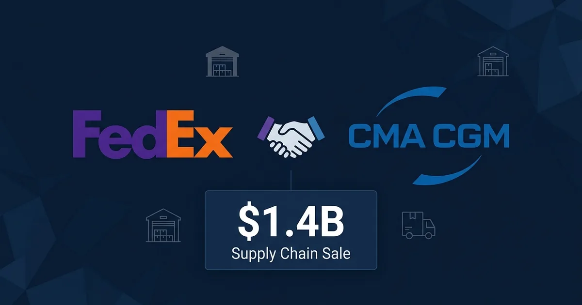 FedEx and CMA CGM logos with handshake icon and .4B Supply Chain Sale label with warehouse icons on dark navy background