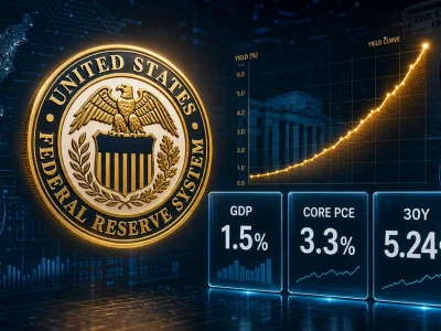 Federal Reserve System seal beside glowing data panels reading GDP 1.5 percent, core PCE 3.3 percent and 30-year Treasury yield 5.24 percent, with a steepening yield curve chart