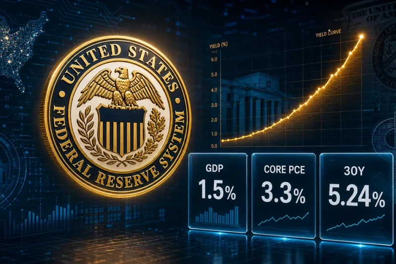 Federal Reserve System seal beside glowing data panels reading GDP 1.5 percent, core PCE 3.3 percent and 30-year Treasury yield 5.24 percent, with a steepening yield curve chart