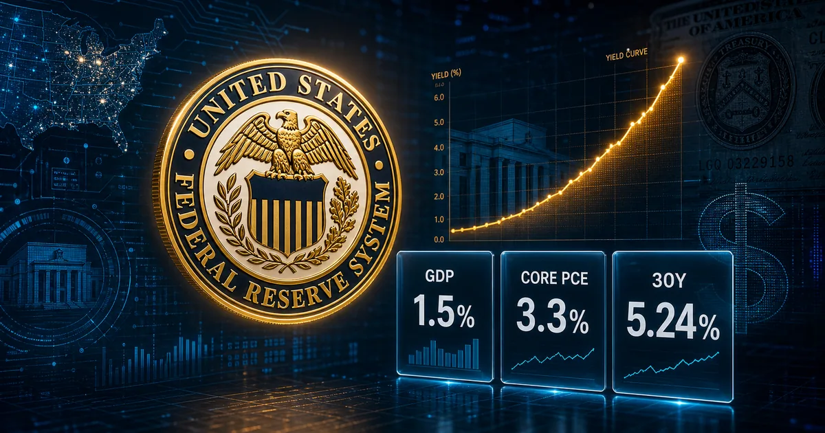 Federal Reserve System seal beside glowing data panels reading GDP 1.5 percent, core PCE 3.3 percent and 30-year Treasury yield 5.24 percent, with a steepening yield curve chart