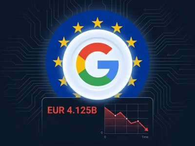 Google logo surrounded by EU flag stars with a EUR 4.125 billion fine data panel on a dark circuit-board background
