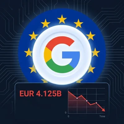 Google logo surrounded by EU flag stars with a EUR 4.125 billion fine data panel on a dark circuit-board background