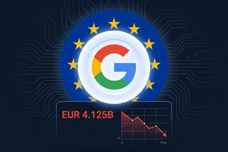 Google logo surrounded by EU flag stars with a EUR 4.125 billion fine data panel on a dark circuit-board background