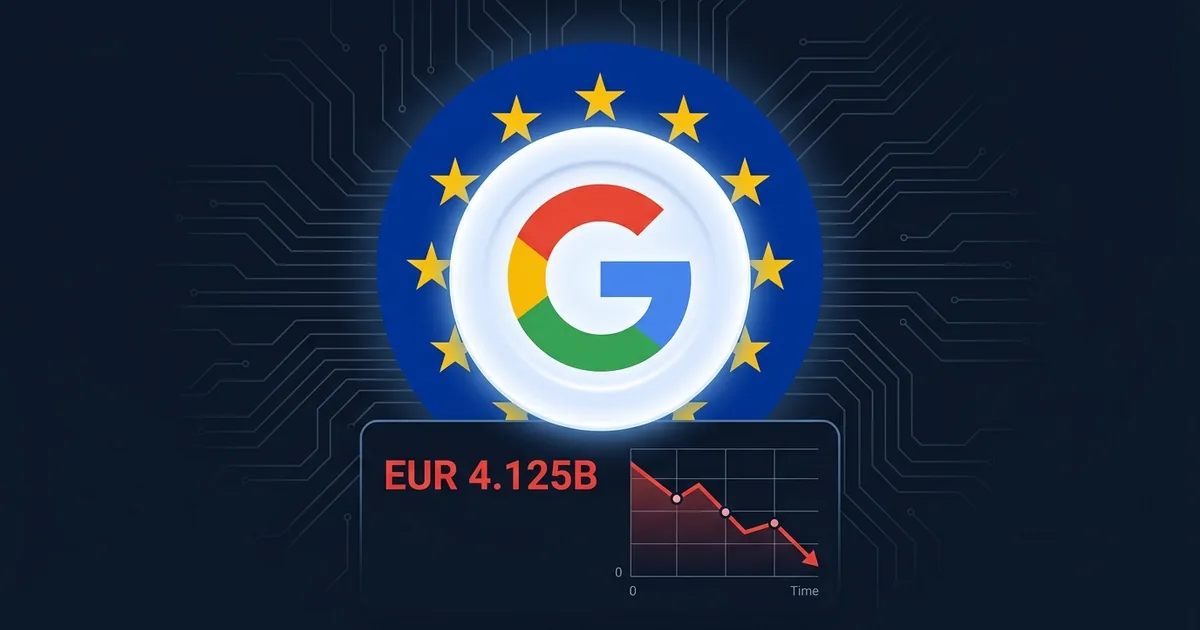 Google logo surrounded by EU flag stars with a EUR 4.125 billion fine data panel on a dark circuit-board background