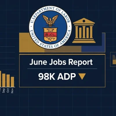 U.S. Department of Labor seal with June Jobs Report data panel showing 98K ADP figure and declining bar chart on dark navy background