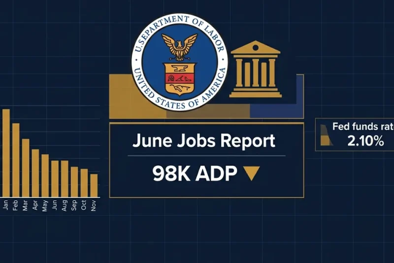 U.S. Department of Labor seal with June Jobs Report data panel showing 98K ADP figure and declining bar chart on dark navy background